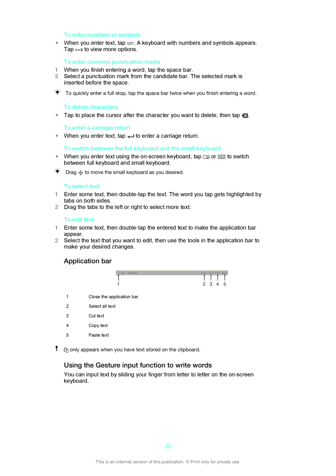 Sony SGP312, SGP311 manual Application bar, Using the Gesture input function to write words 