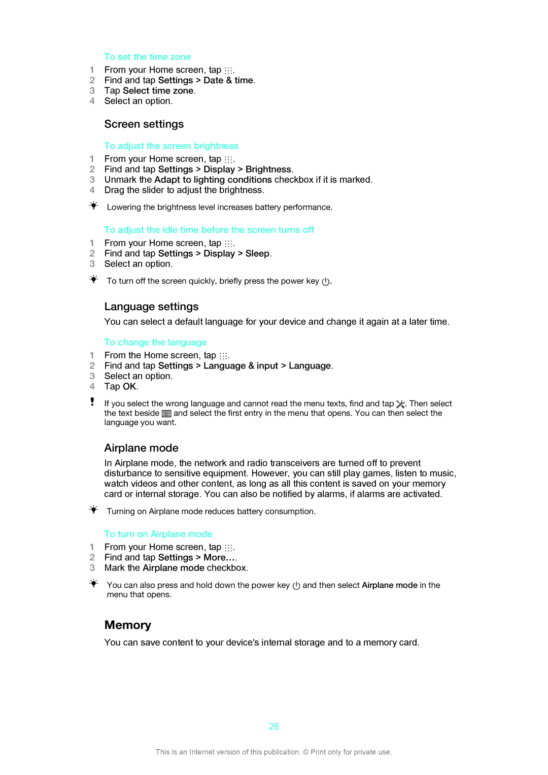 Sony SGP311, SGP312 manual Memory, Screen settings, Language settings, Airplane mode 