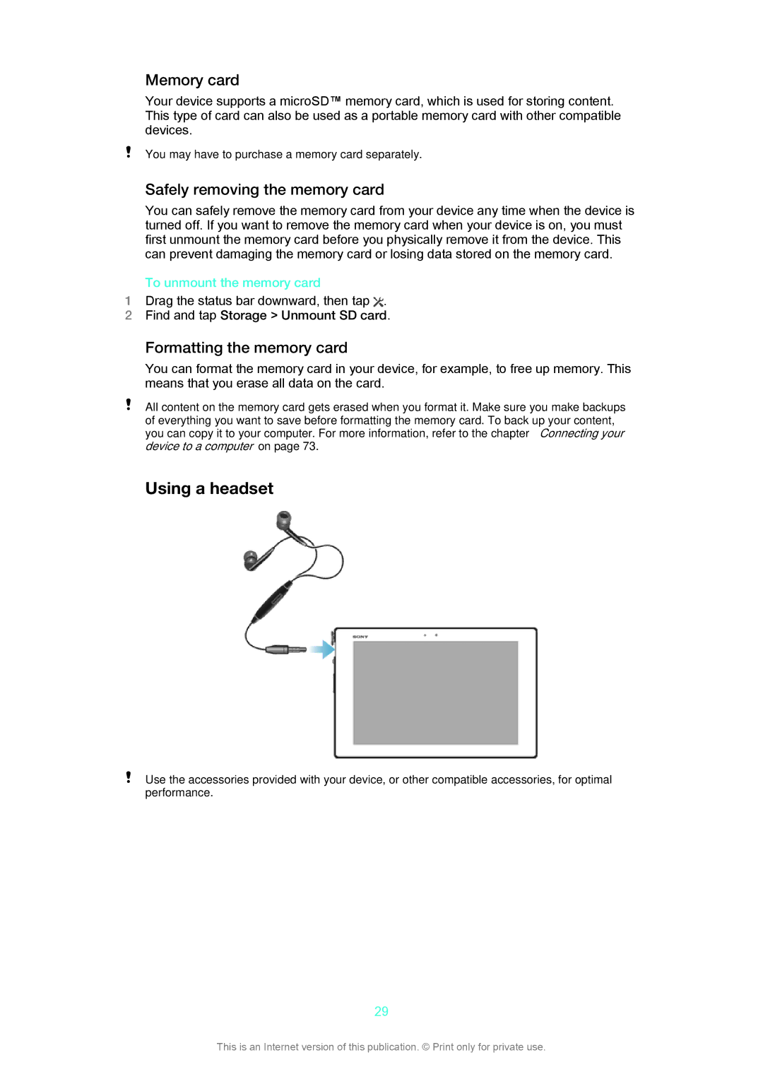 Sony SGP312, SGP311 manual Using a headset, Memory card, Safely removing the memory card, Formatting the memory card 