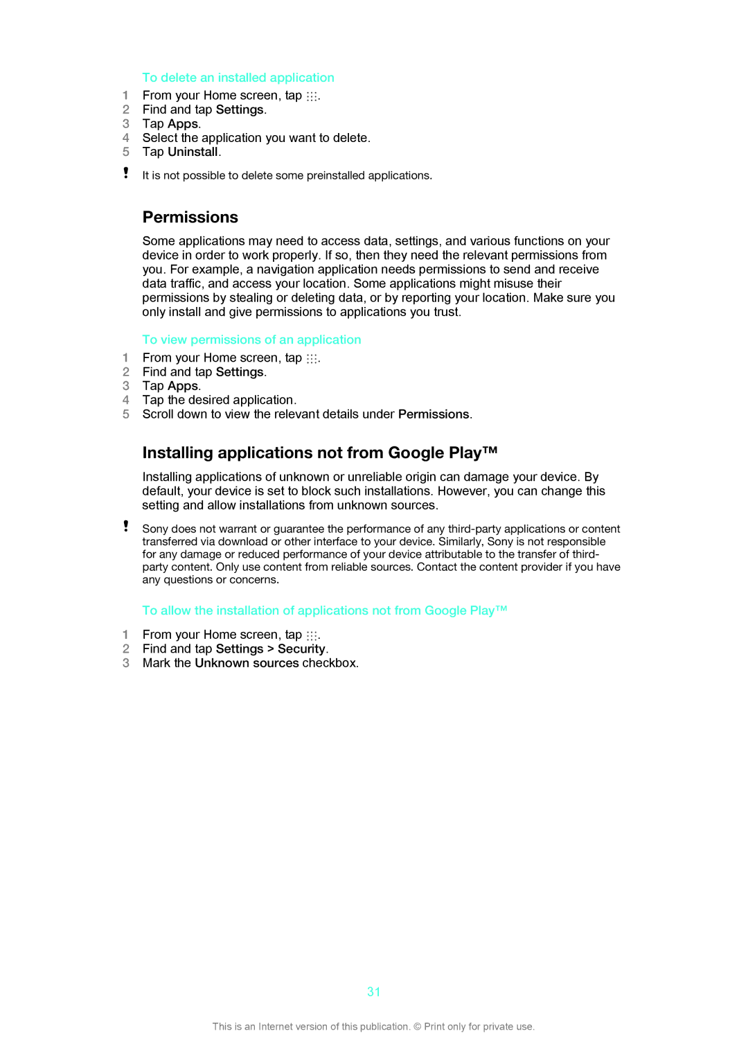 Sony SGP312, SGP311 manual Permissions, Installing applications not from Google Play, To delete an installed application 