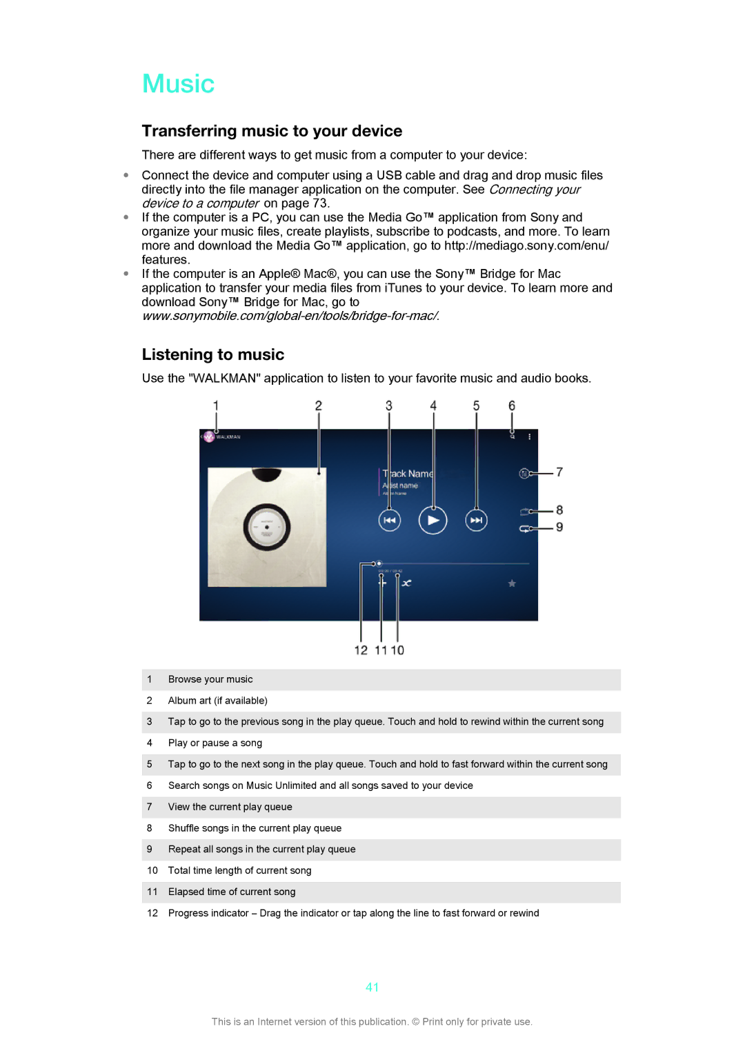 Sony SGP312, SGP311 manual Music, Transferring music to your device, Listening to music 