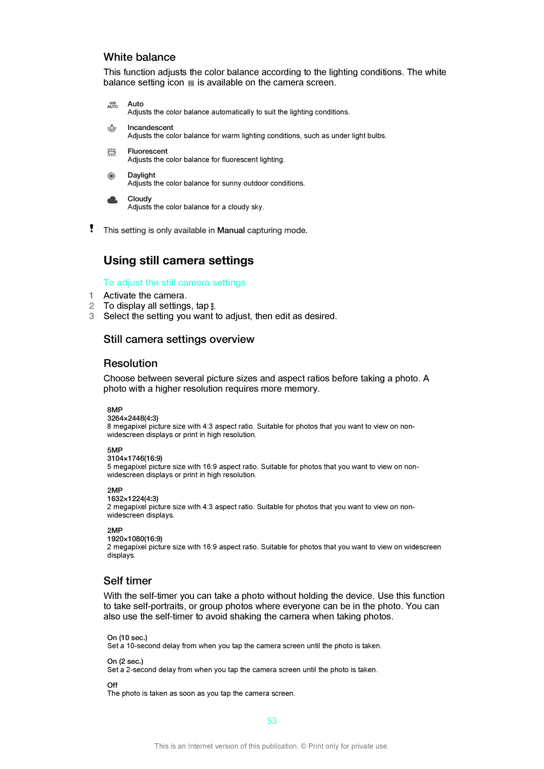 Sony SGP312, SGP311 manual Using still camera settings, White balance, Still camera settings overview Resolution, Self timer 