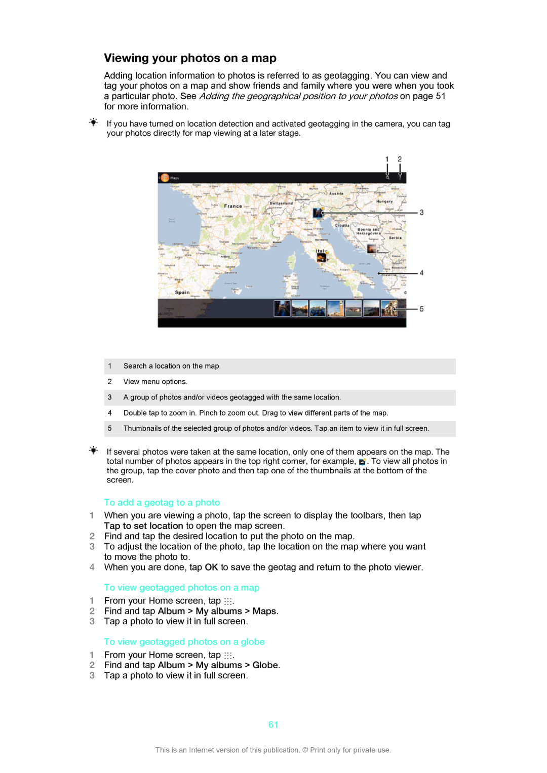Sony SGP312, SGP311 manual Viewing your photos on a map, To add a geotag to a photo, To view geotagged photos on a map 