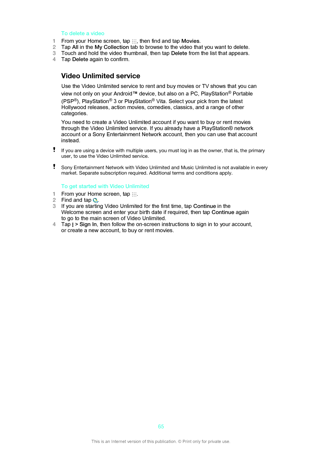 Sony SGP312, SGP311 Video Unlimited service, To delete a video, Categories, Instead, To get started with Video Unlimited 
