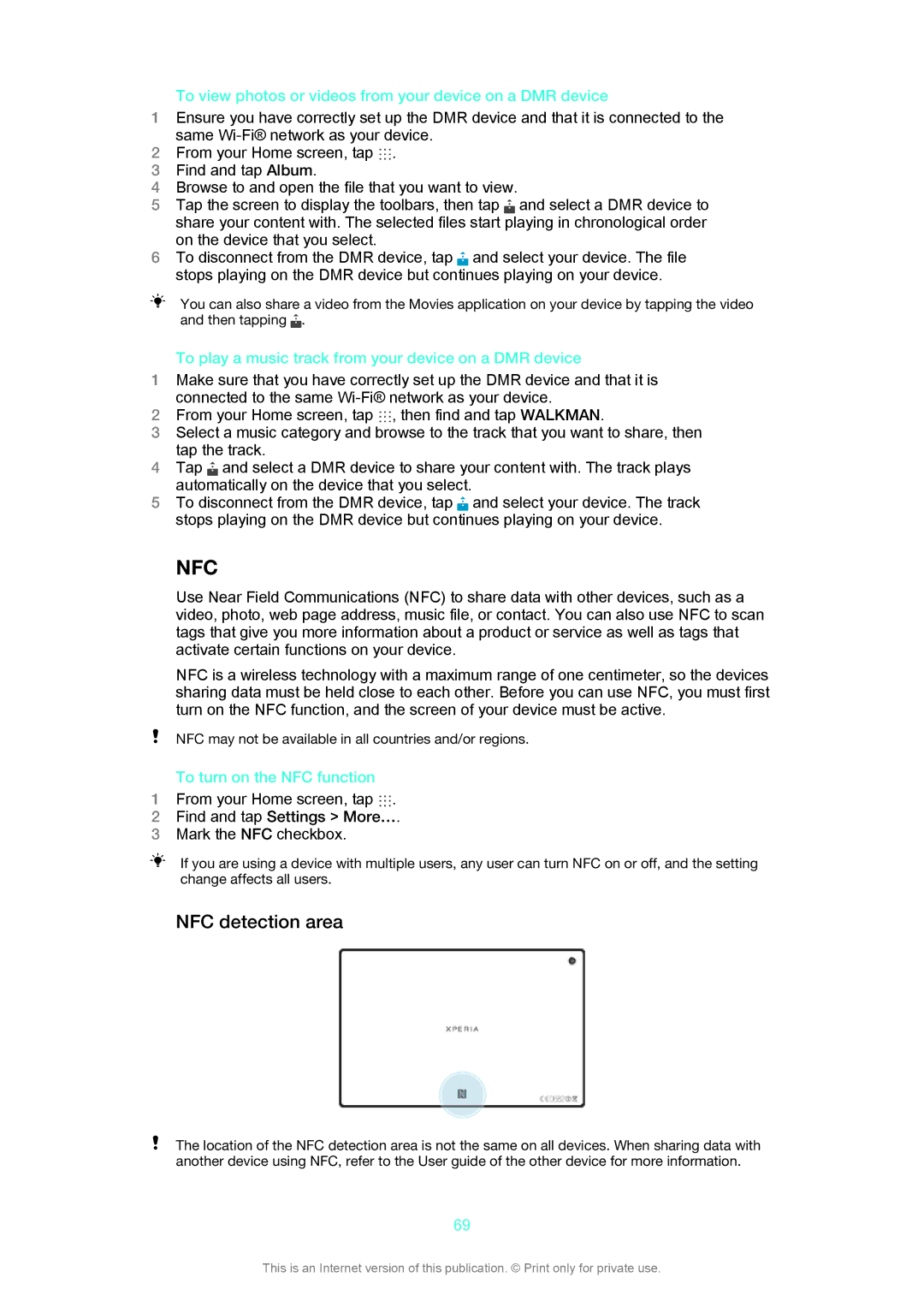 Sony SGP312 NFC detection area, To view photos or videos from your device on a DMR device, To turn on the NFC function 