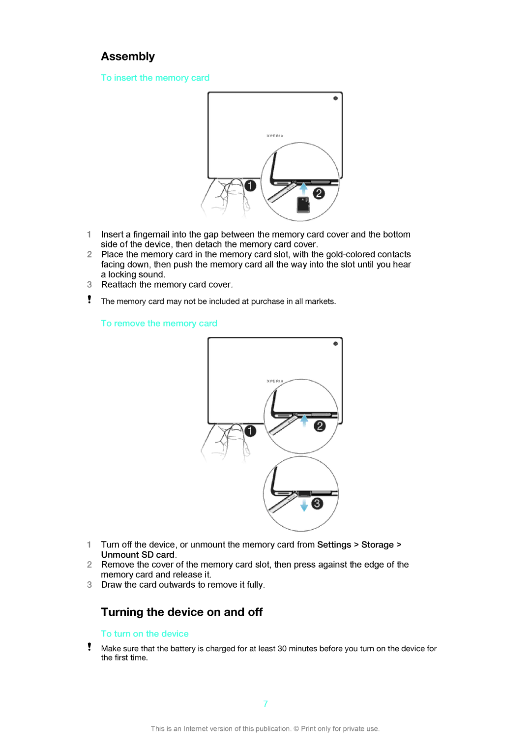 Sony SGP312, SGP311 manual Assembly, Turning the device on and off, To insert the memory card, To remove the memory card 