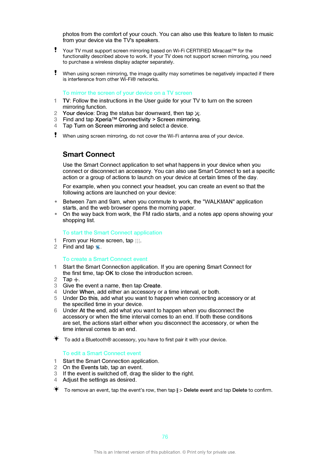 Sony SGP311, SGP312 manual To mirror the screen of your device on a TV screen, To start the Smart Connect application 