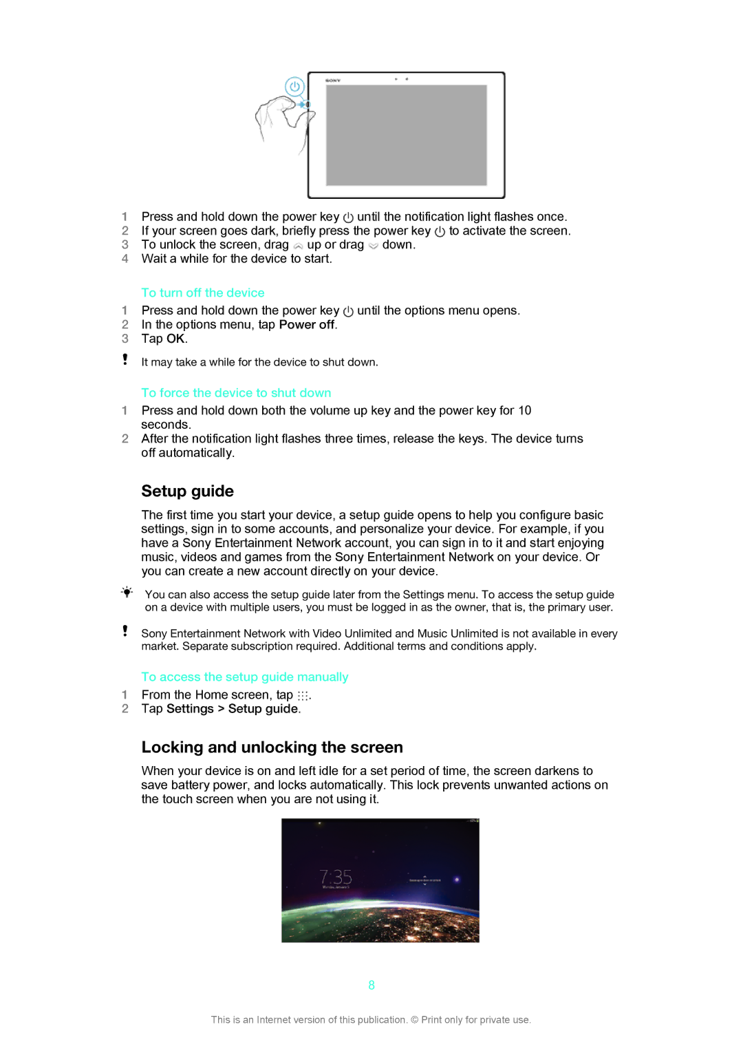 Sony SGP311 manual Setup guide, Locking and unlocking the screen, To turn off the device, To force the device to shut down 