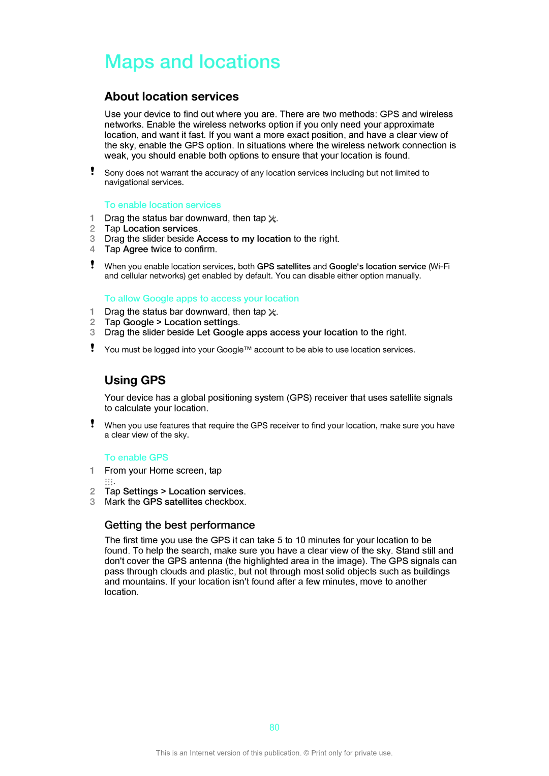 Sony SGP311, SGP312 manual Maps and locations, About location services, Using GPS, Getting the best performance 