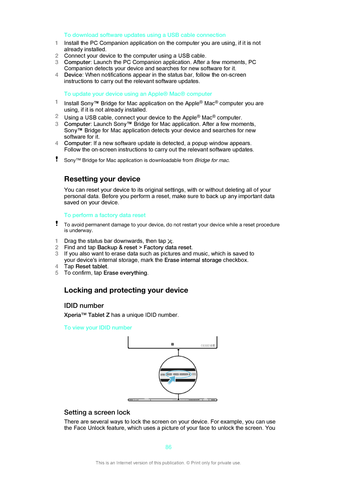 Sony SGP311, SGP312 manual Resetting your device, Locking and protecting your device, Idid number, Setting a screen lock 