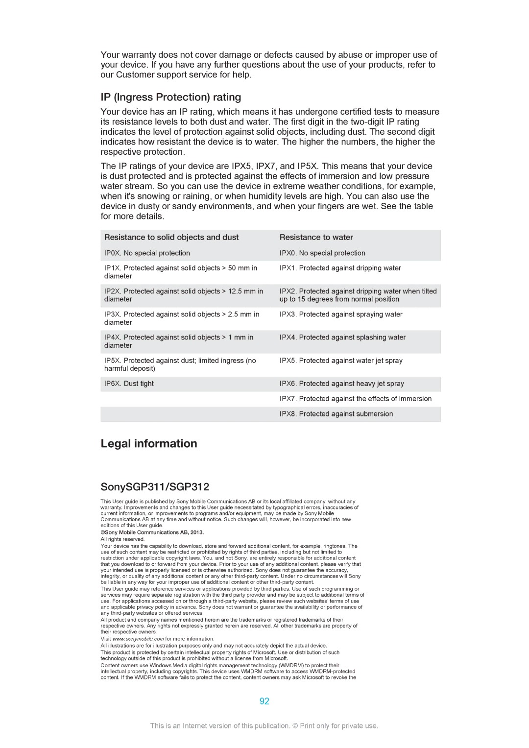 Sony manual Legal information, IP Ingress Protection rating, SonySGP311/SGP312 