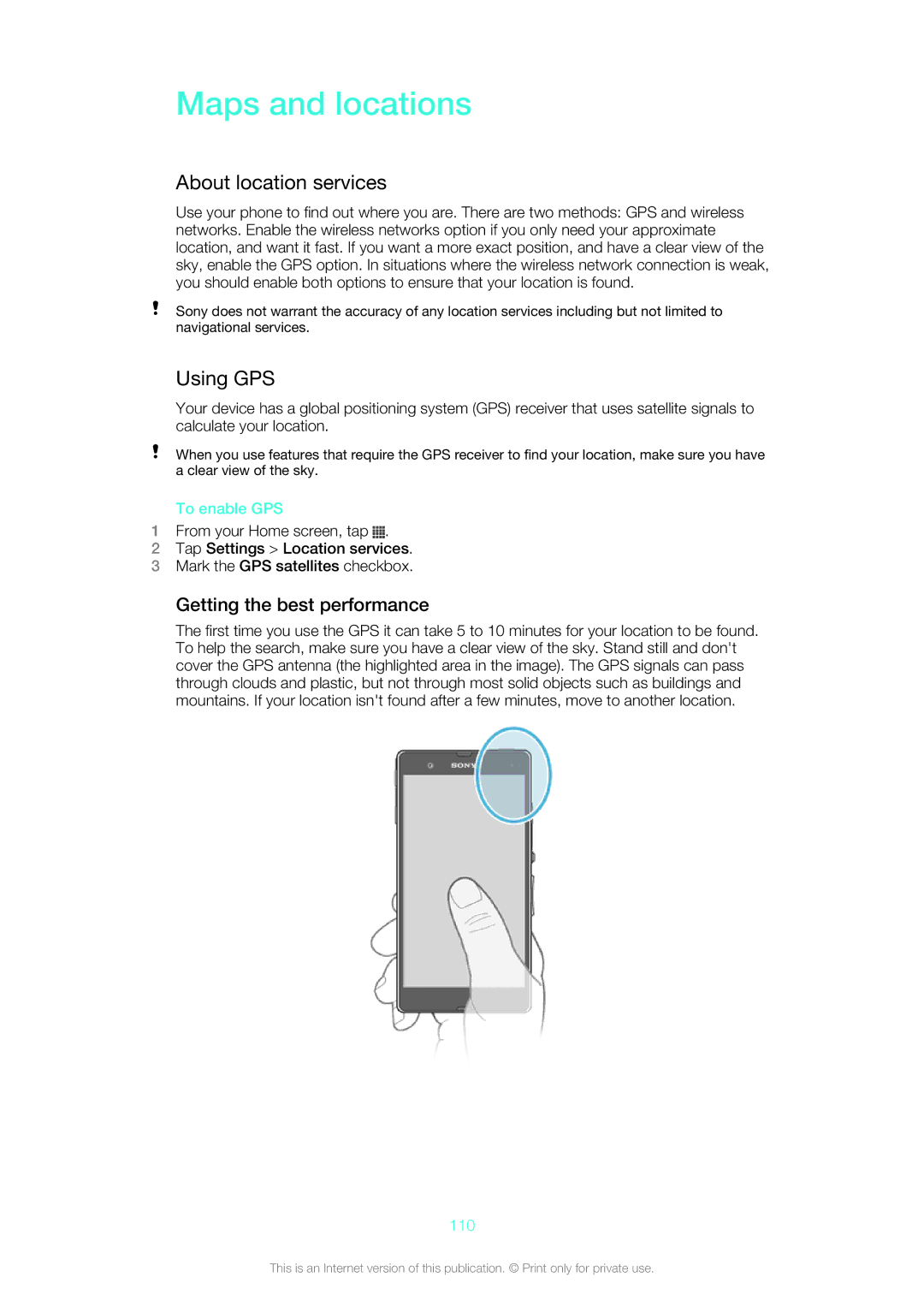 Sony SGP311U1B, SGP312U1B manual Maps and locations, About location services, Using GPS, Getting the best performance 