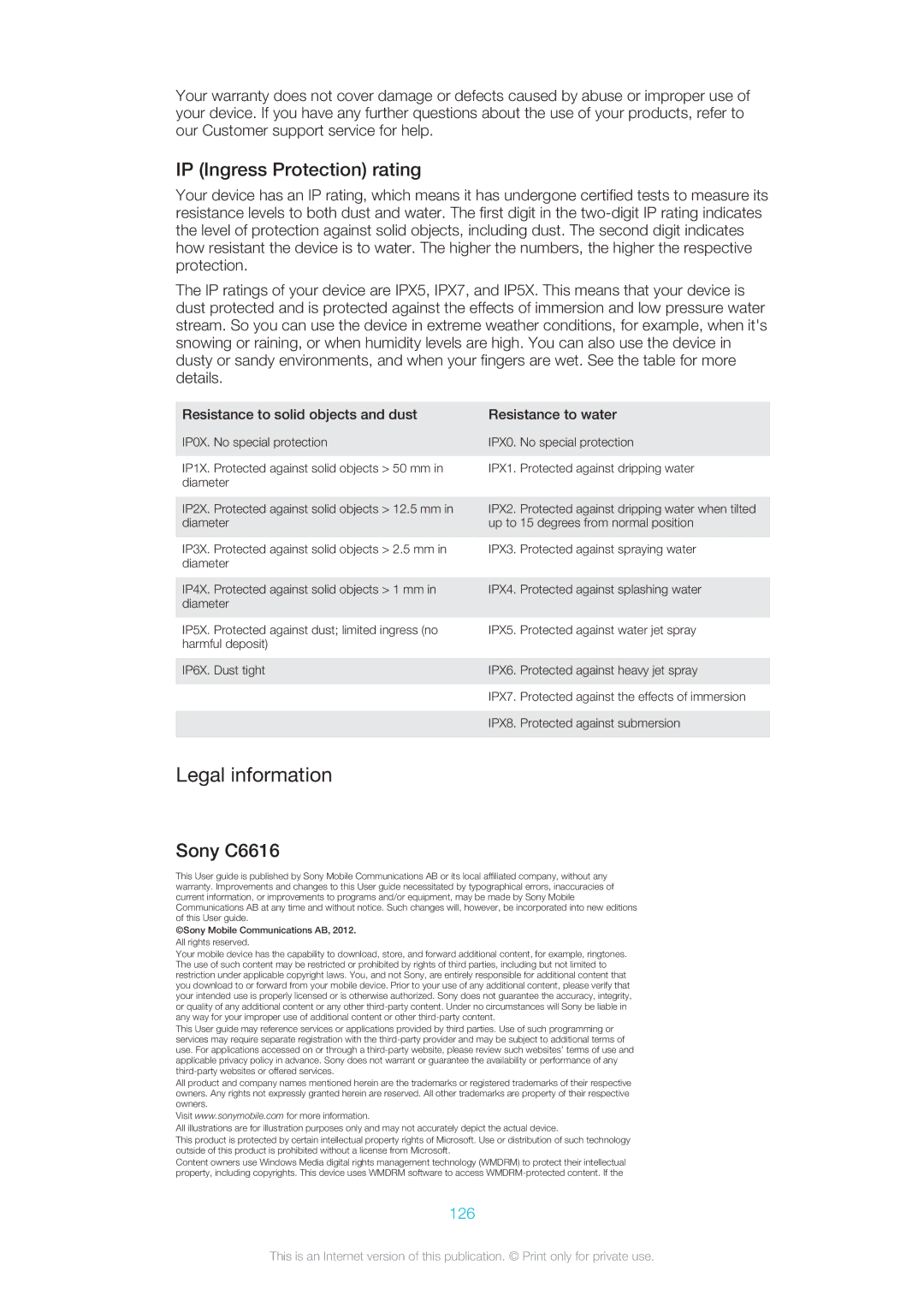 Sony SGP311U1B, SGP312U1B manual Legal information, IP Ingress Protection rating, Sony C6616, 126 