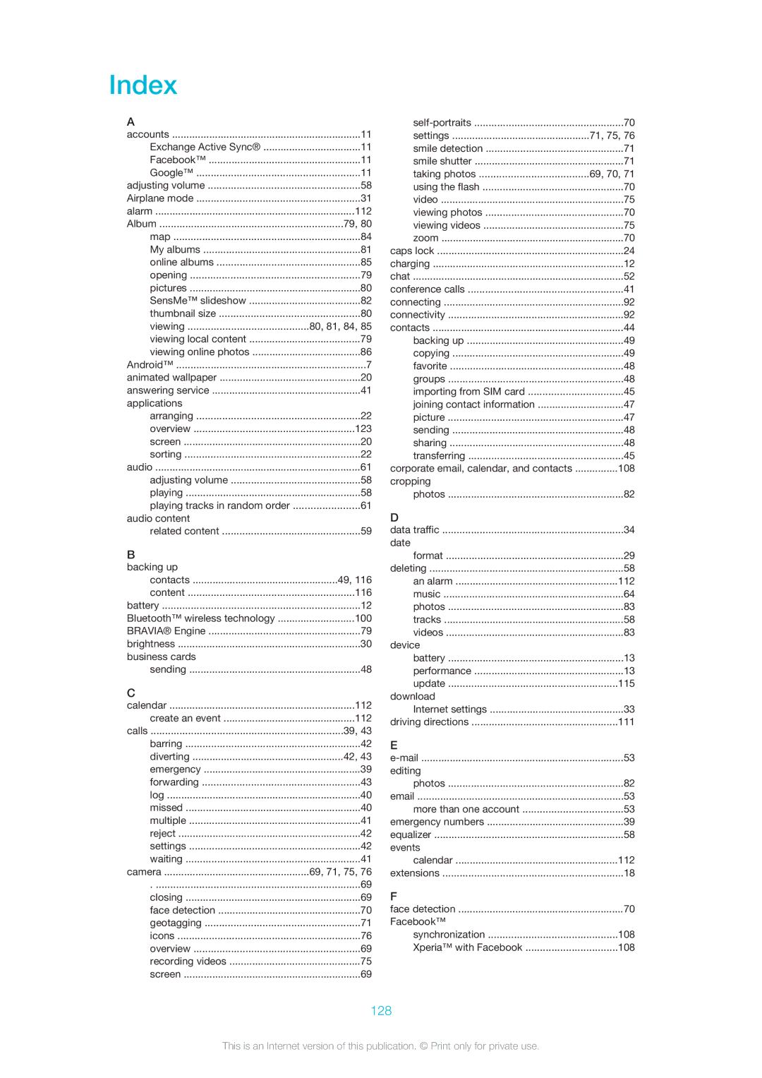 Sony SGP311U1B, SGP312U1B manual Index, 128 