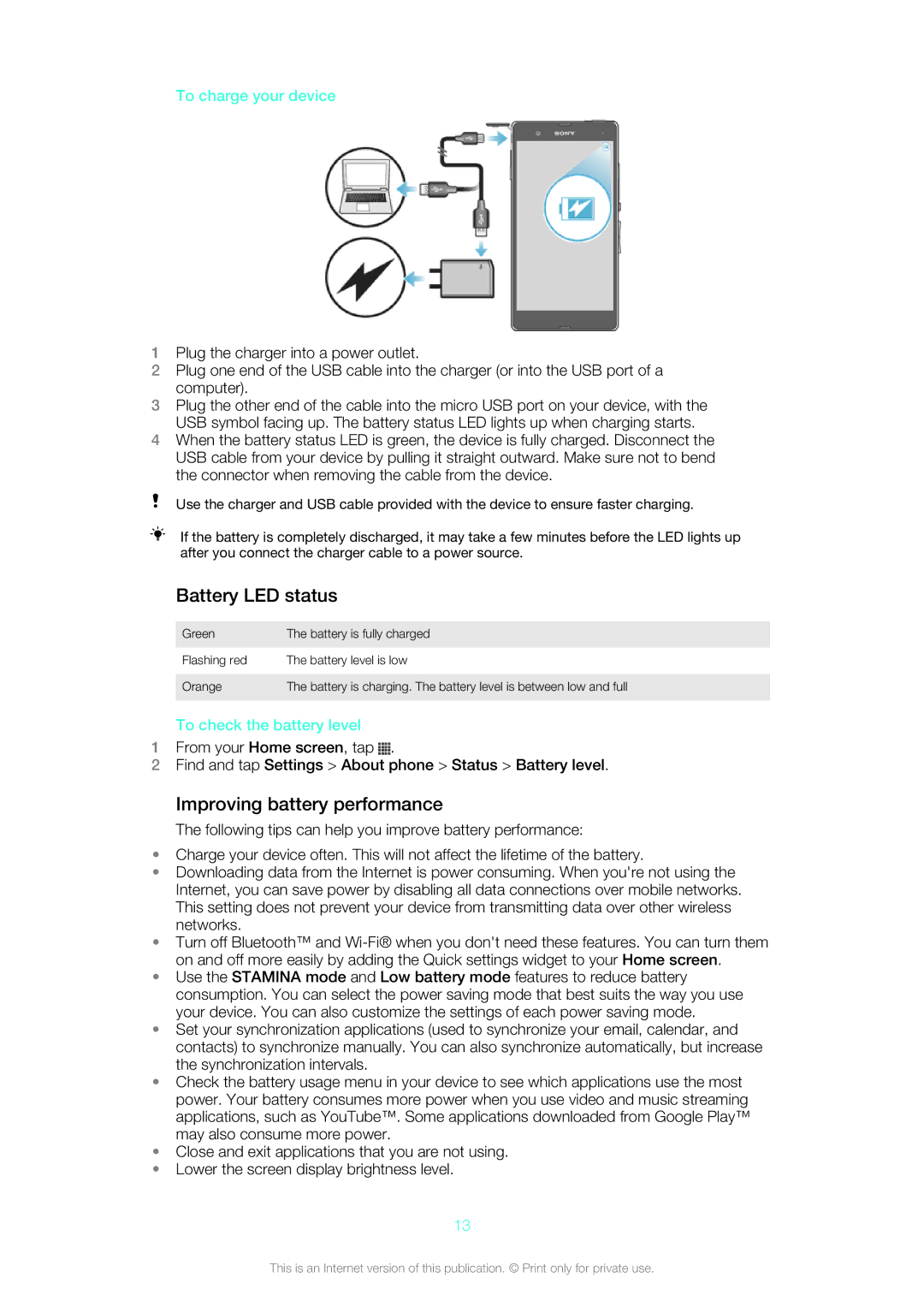 Sony SGP312U1B manual Battery LED status, Improving battery performance, To charge your device, To check the battery level 