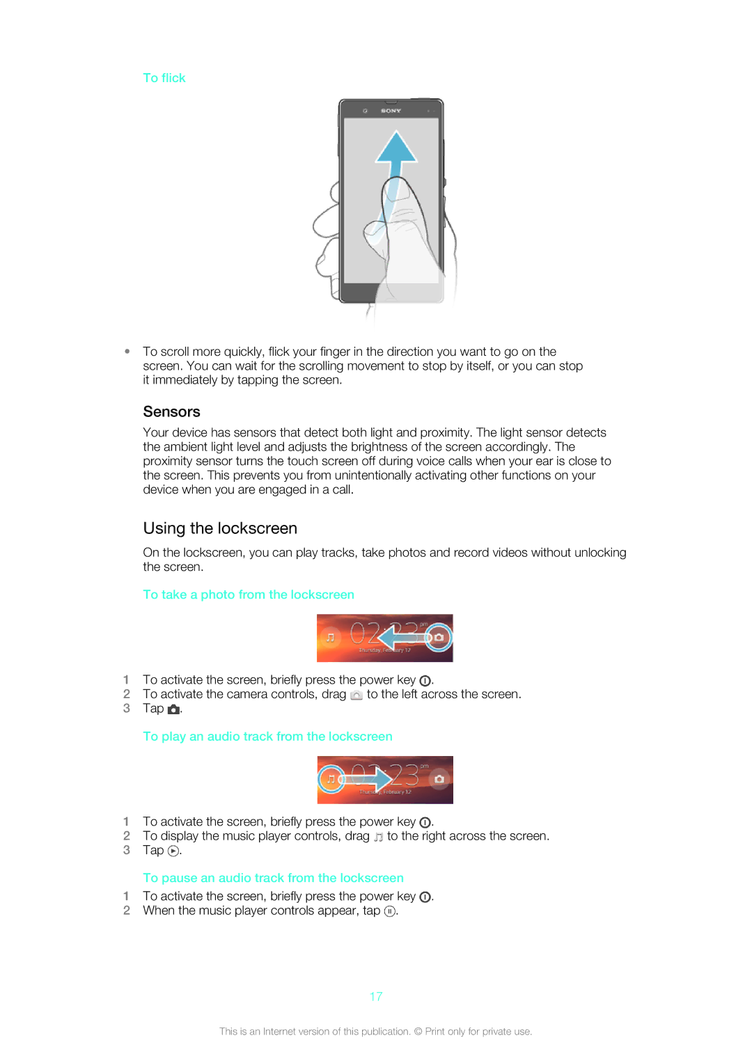 Sony SGP312U1B, SGP311U1B manual Using the lockscreen, Sensors 