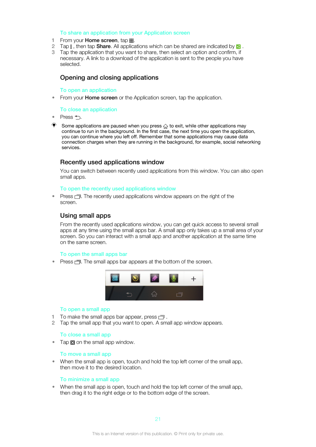 Sony SGP312U1B, SGP311U1B manual Opening and closing applications, Recently used applications window, Using small apps 