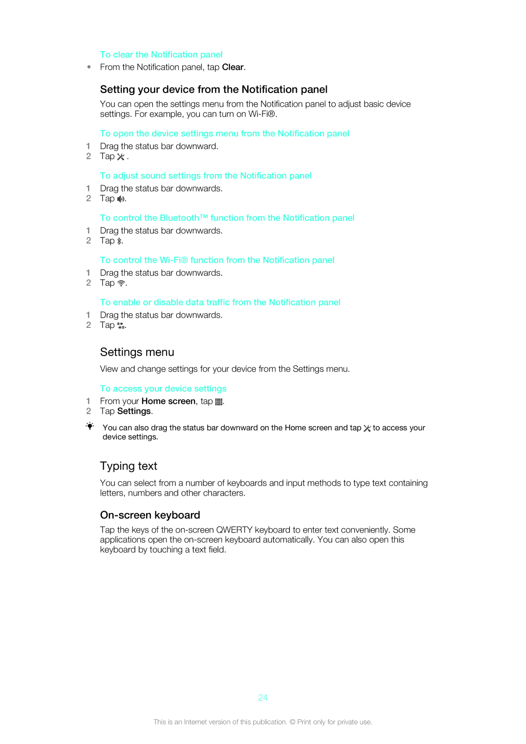 Sony SGP311U1B, SGP312U1B Settings menu, Typing text, Setting your device from the Notification panel, On-screen keyboard 