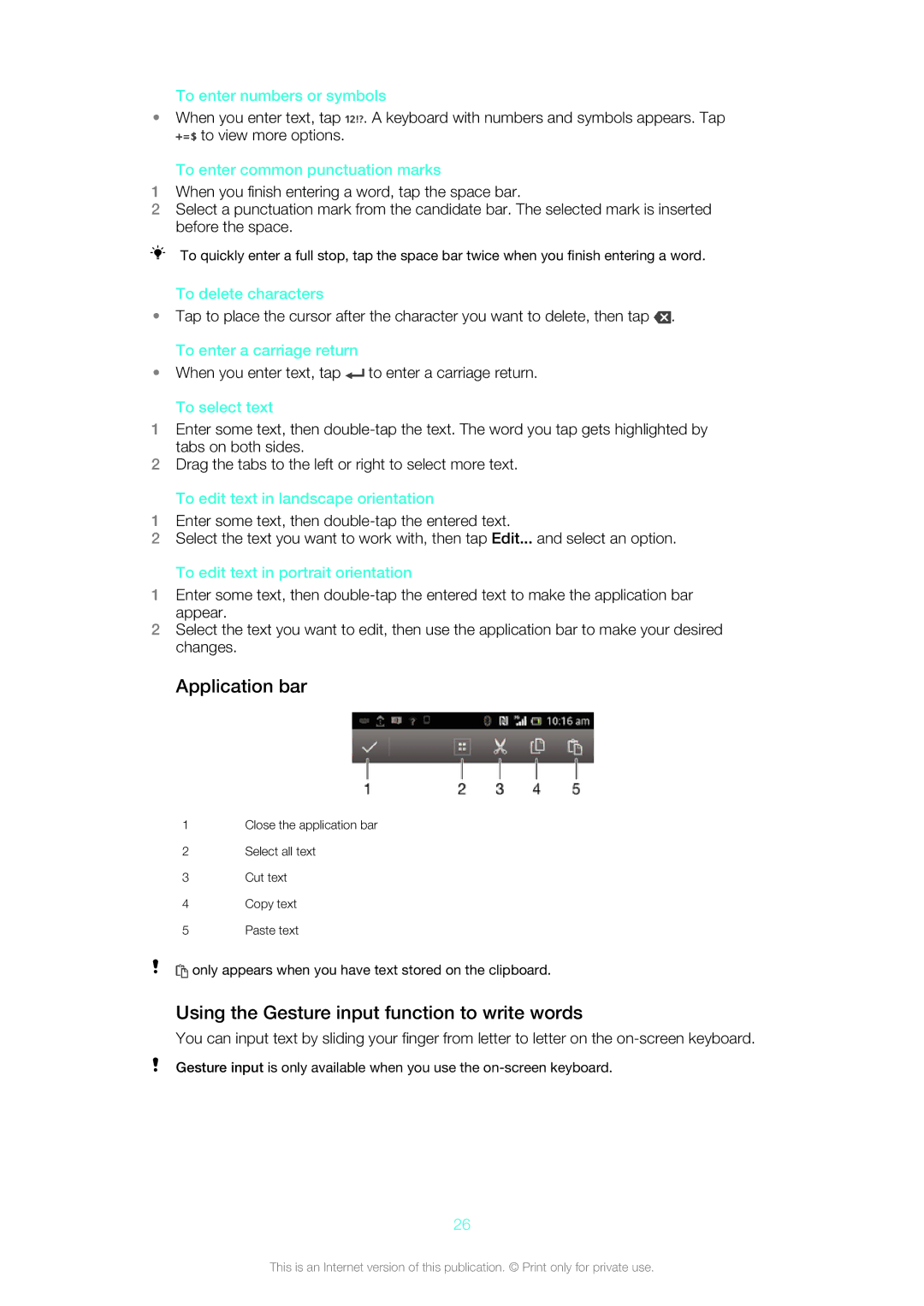 Sony SGP311U1B, SGP312U1B manual Application bar, Using the Gesture input function to write words 