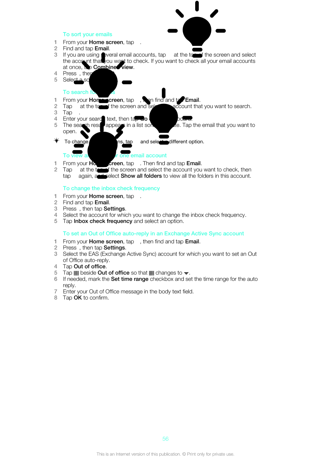 Sony SGP311U1B, SGP312U1B manual To sort your emails, To search for emails, To view all folders for one email account 