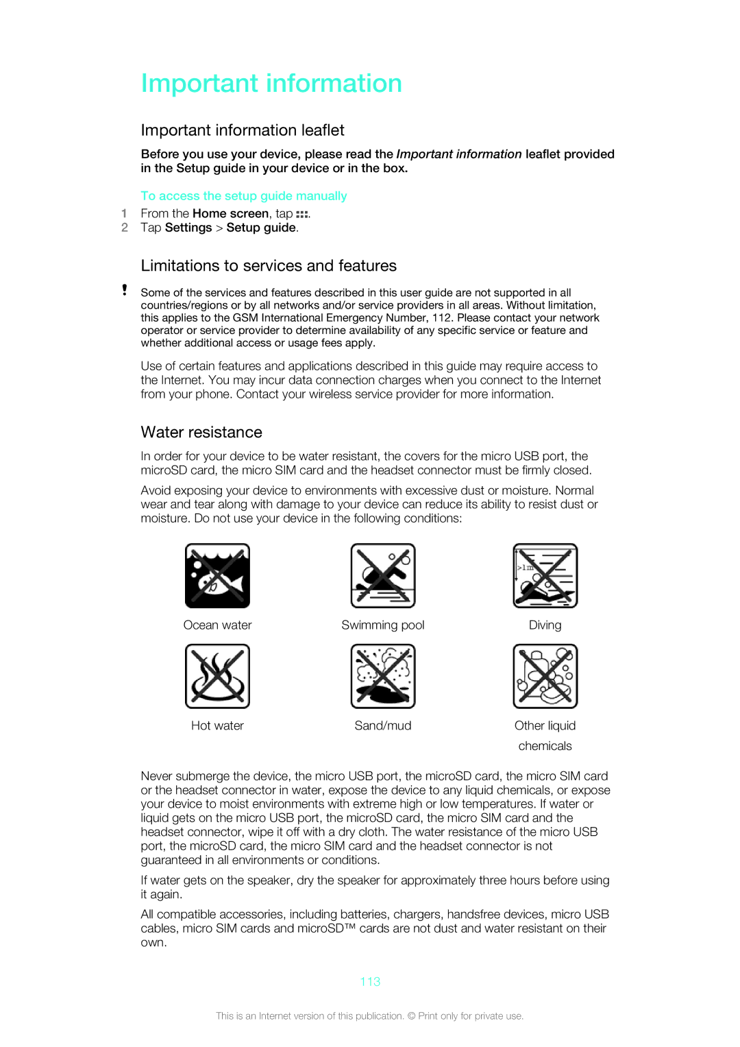 Sony SGP312U1/W manual Important information leaflet, Limitations to services and features, Water resistance, 113 