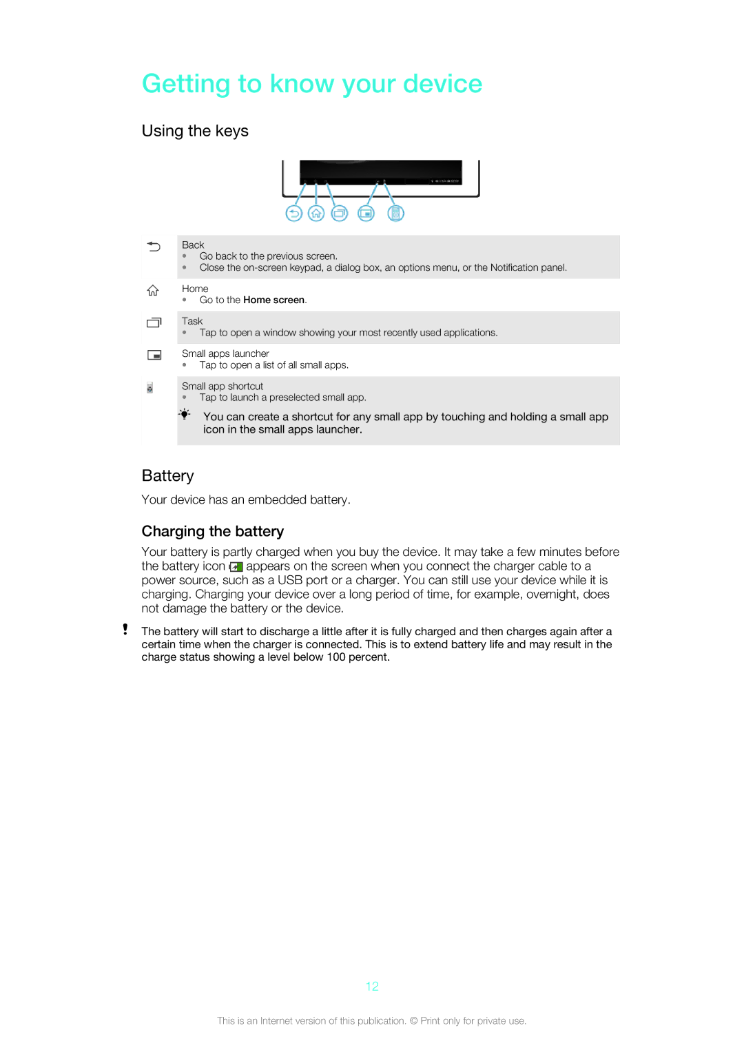 Sony SGP312U1/W manual Getting to know your device, Using the keys, Battery, Charging the battery 