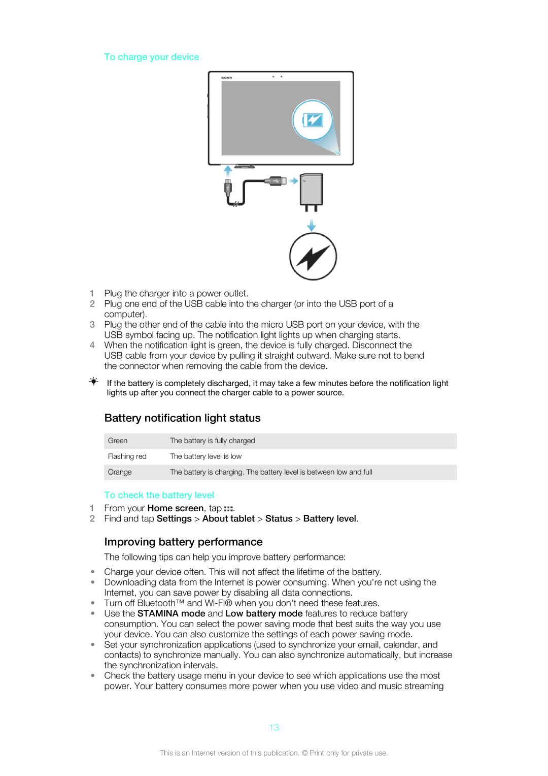 Sony SGP312U1/W manual Battery notification light status, Improving battery performance, To charge your device 