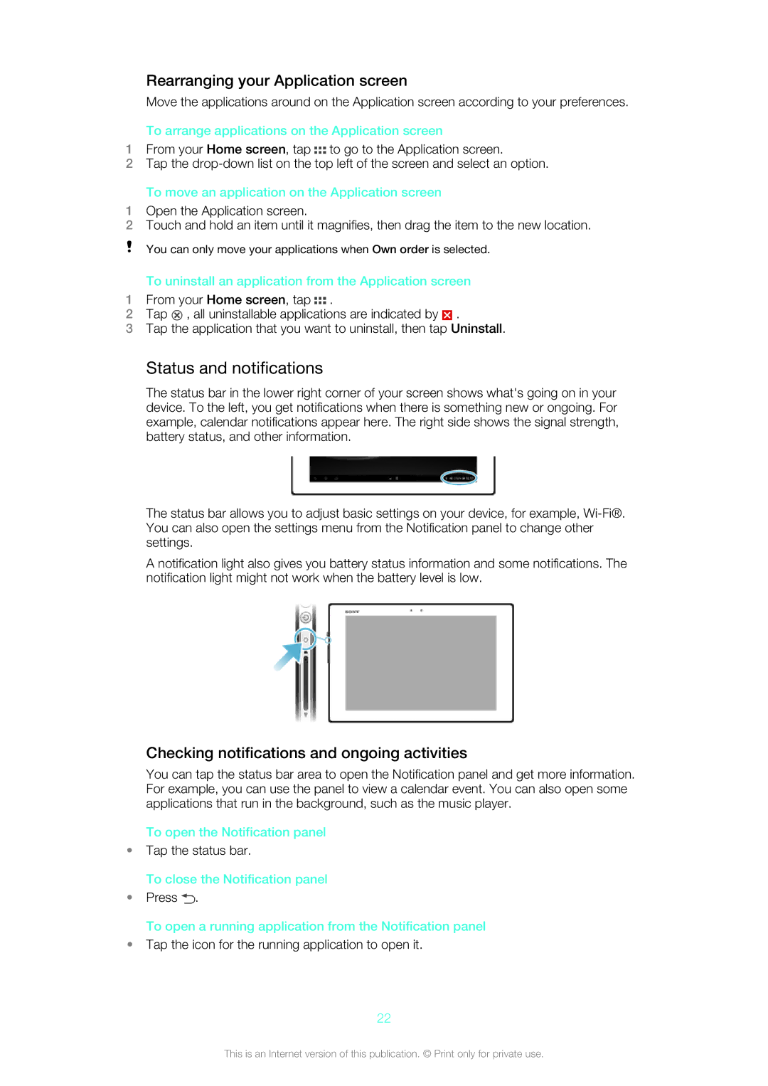 Sony SGP312U1/W manual Status and notifications, Rearranging your Application screen 