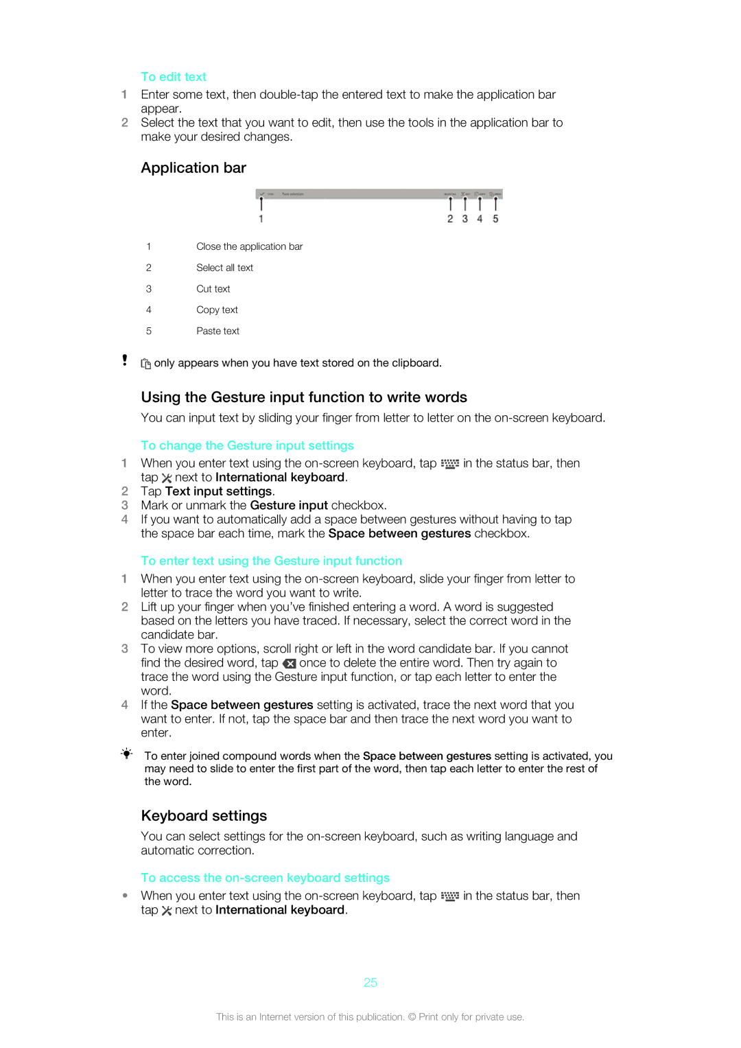 Sony SGP312U1/W manual Application bar, Using the Gesture input function to write words, Keyboard settings 