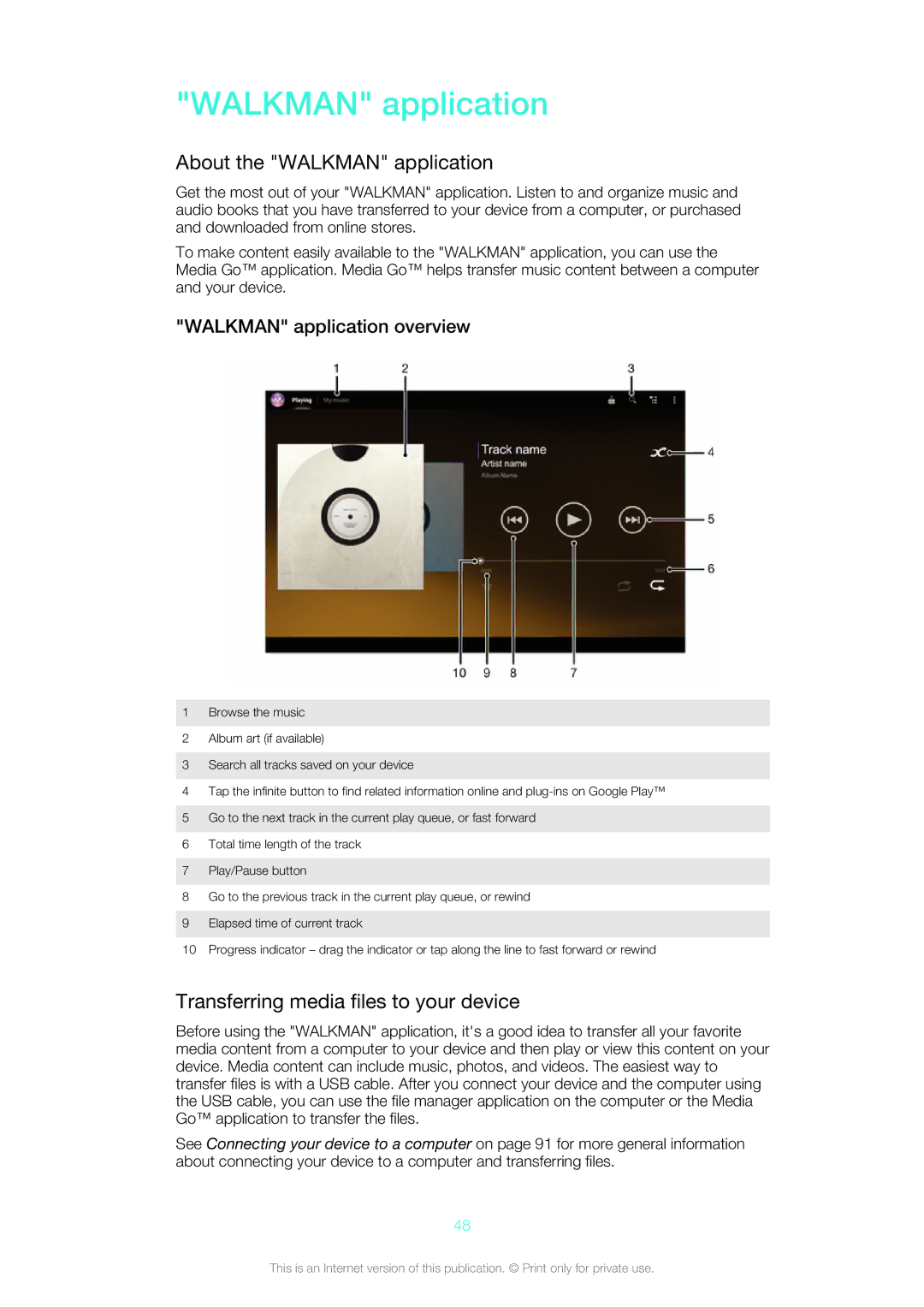 Sony SGP312U1/W About the Walkman application, Transferring media files to your device, Walkman application overview 