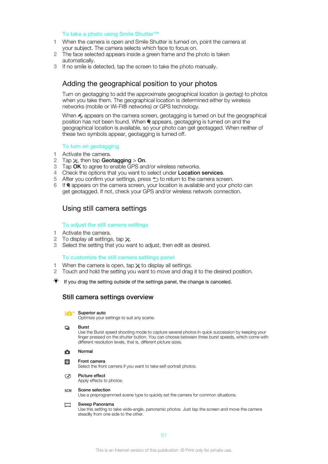 Sony SGP312U1/W manual Adding the geographical position to your photos, Using still camera settings 