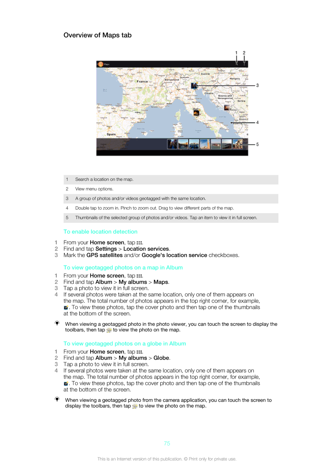 Sony SGP312U1/W manual Overview of Maps tab, To enable location detection, To view geotagged photos on a map in Album 