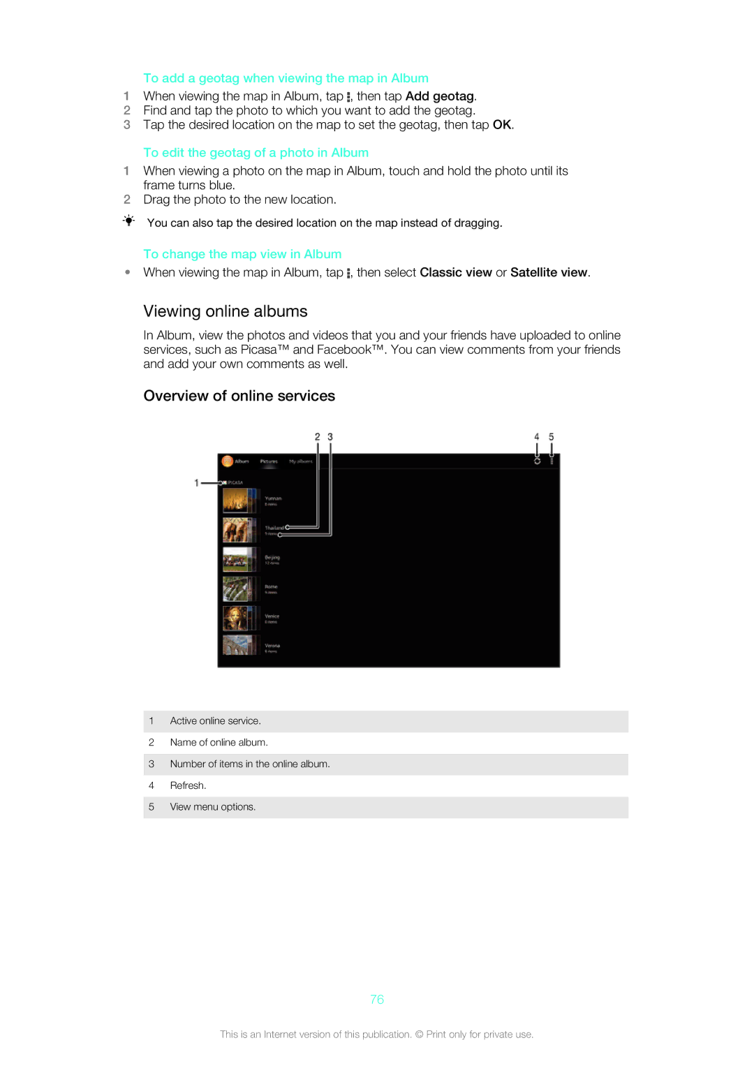 Sony SGP312U1/W manual Viewing online albums, Overview of online services, To add a geotag when viewing the map in Album 