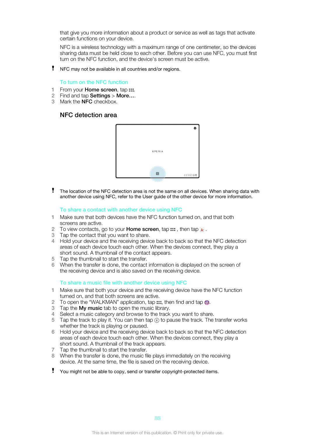 Sony SGP312U1/W manual NFC detection area, To turn on the NFC function, To share a contact with another device using NFC 