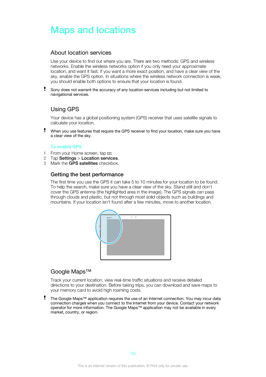 Sony SGP312U1/W manual Maps and locations, About location services, Using GPS, Google Maps, Getting the best performance 