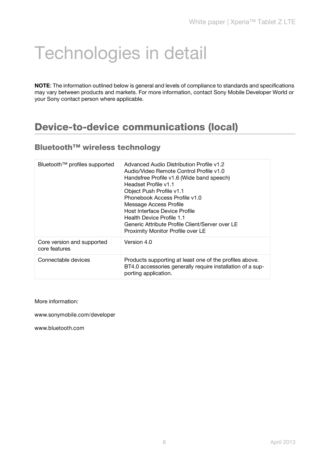 Sony SGP321 manual Technologies in detail, Device-to-device communications local 