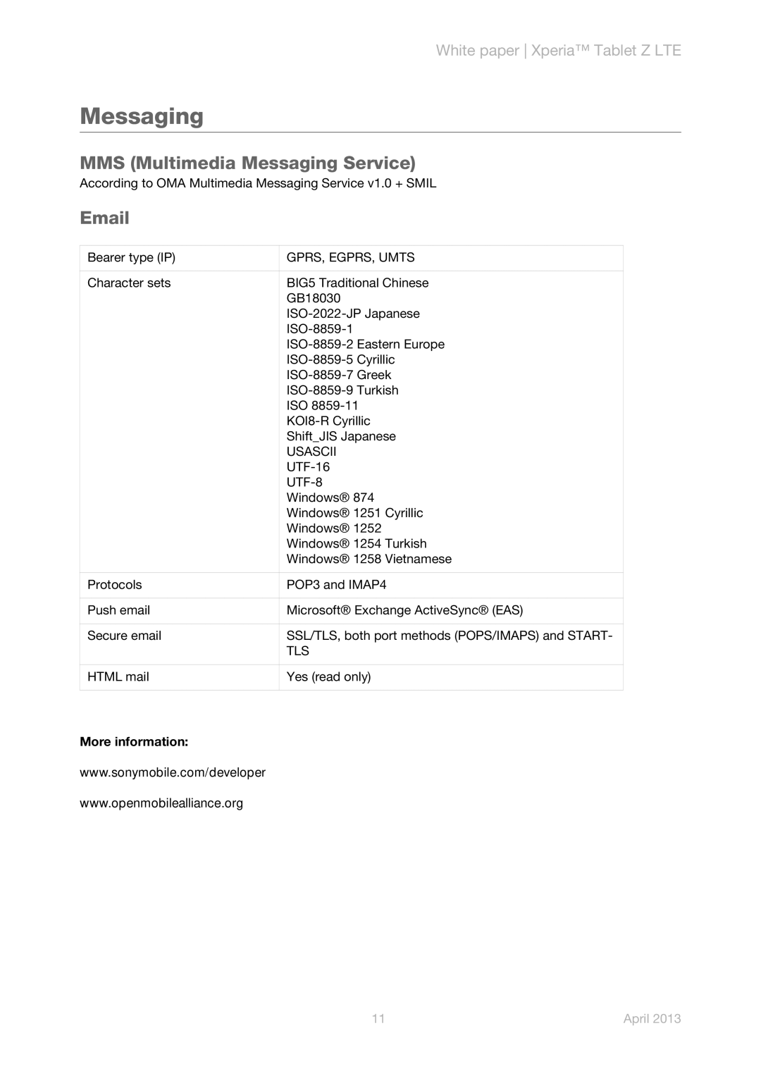 Sony SGP321 manual Messaging, GPRS, EGPRS, Umts, Usascii, Tls, More information 