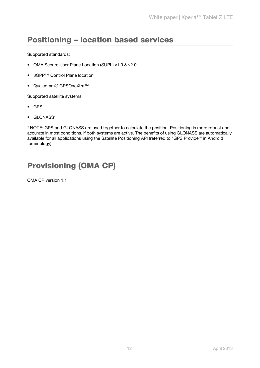 Sony SGP321 manual Positioning location based services, Provisioning OMA CP, GPS Glonass 