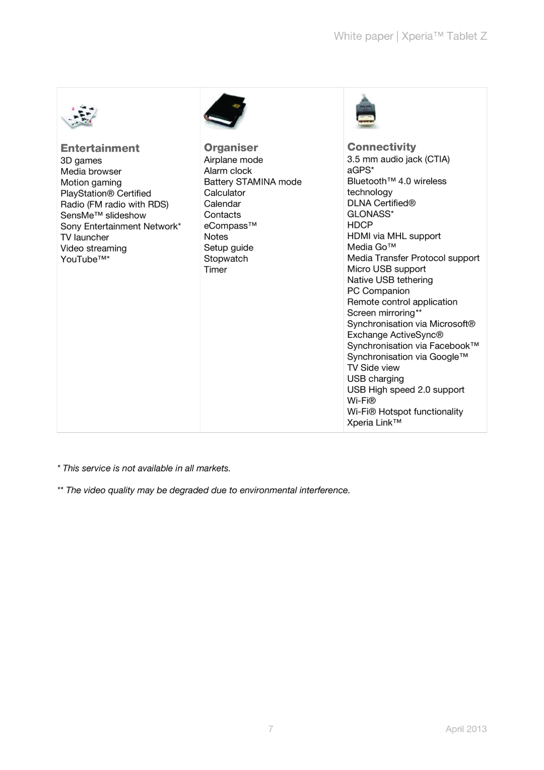 Sony SGP321 manual Entertainment, GLONASS* Hdcp 