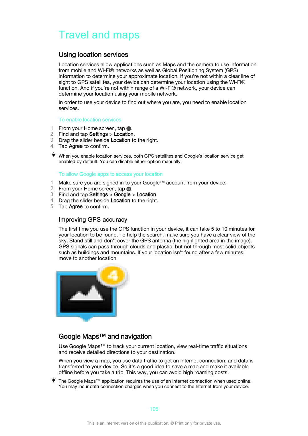 Sony SGP521 manual Travel and maps, Using location services, Google Maps and navigation, Improving GPS accuracy 