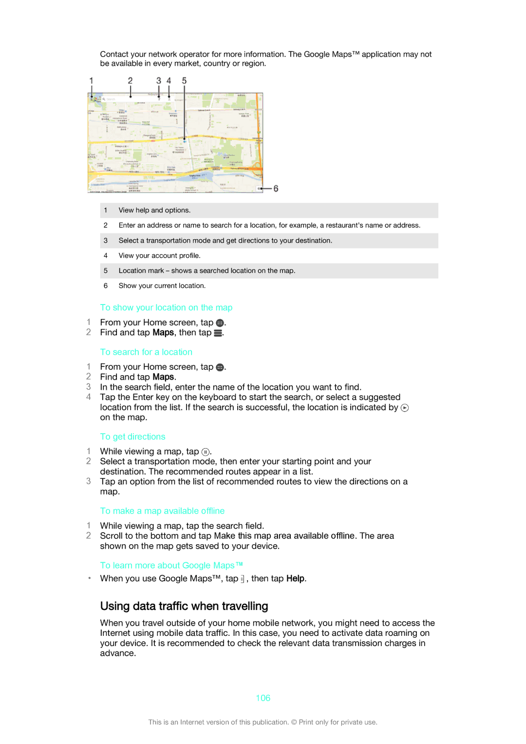 Sony SGP521 manual Using data traffic when travelling 