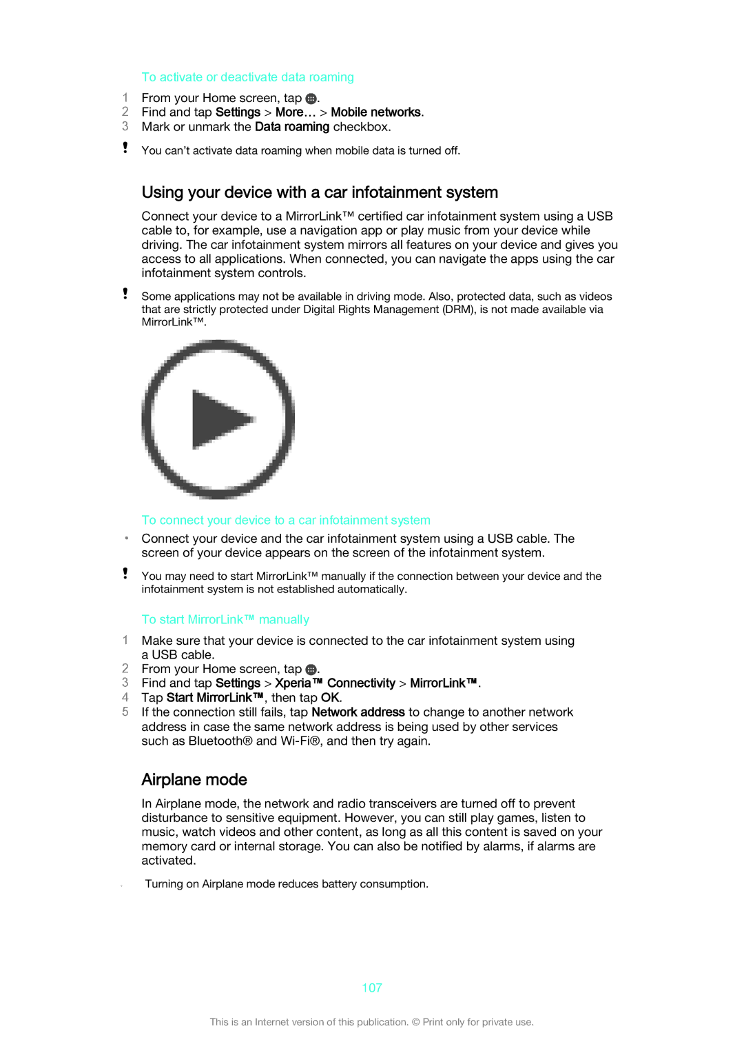 Sony SGP521 manual Using your device with a car infotainment system, Airplane mode 