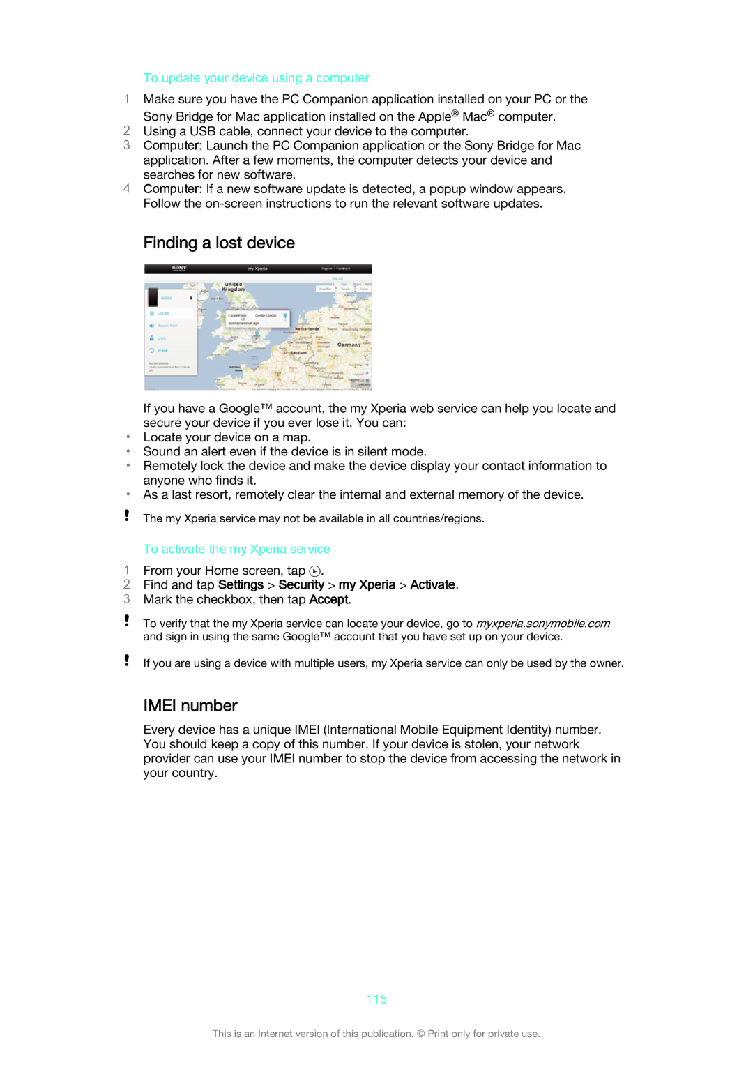 Sony SGP521 manual Finding a lost device, Imei number, Find and tap Settings Security my Xperia Activate 