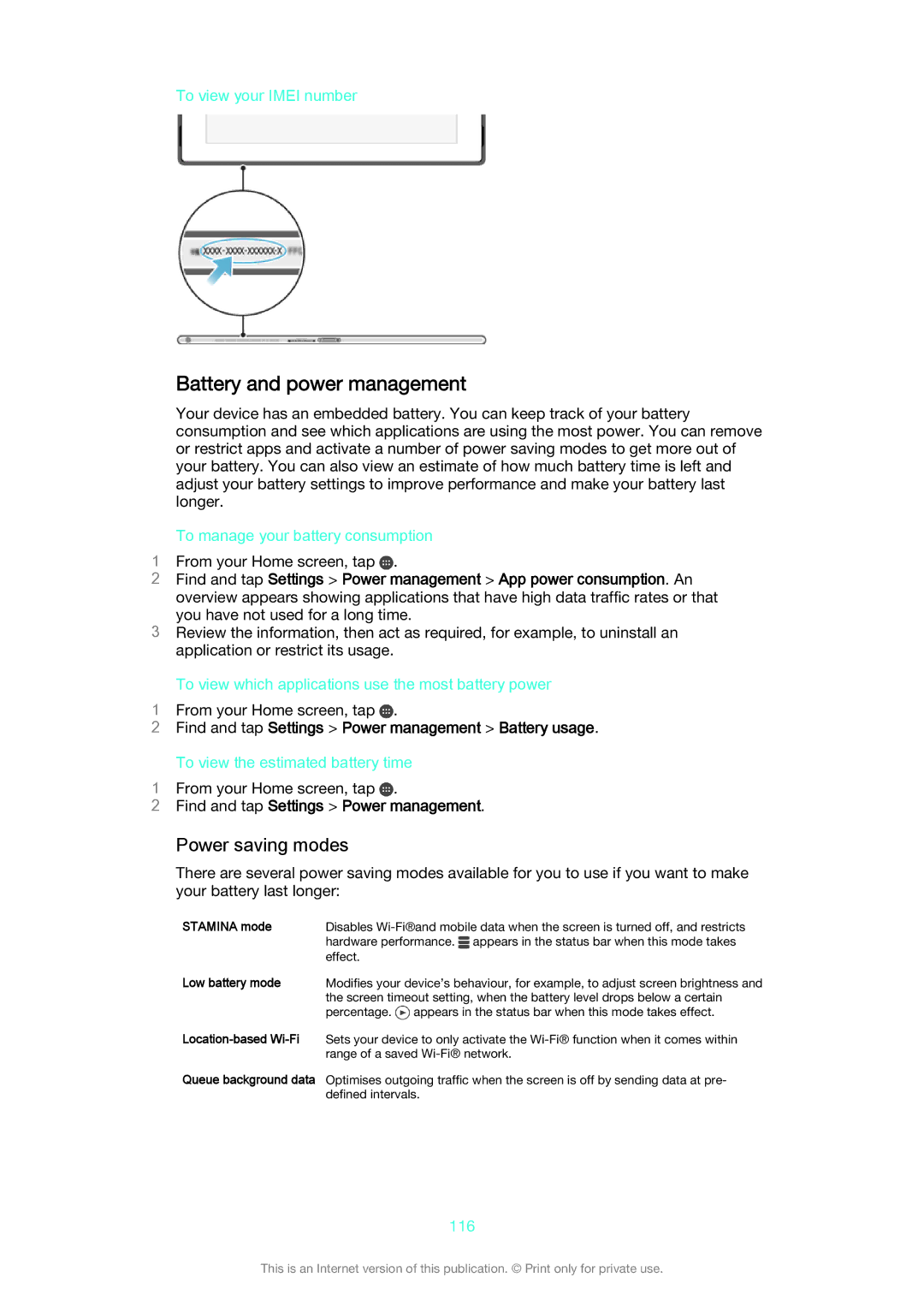 Sony SGP521 manual Battery and power management, Power saving modes, Find and tap Settings Power management Battery usage 