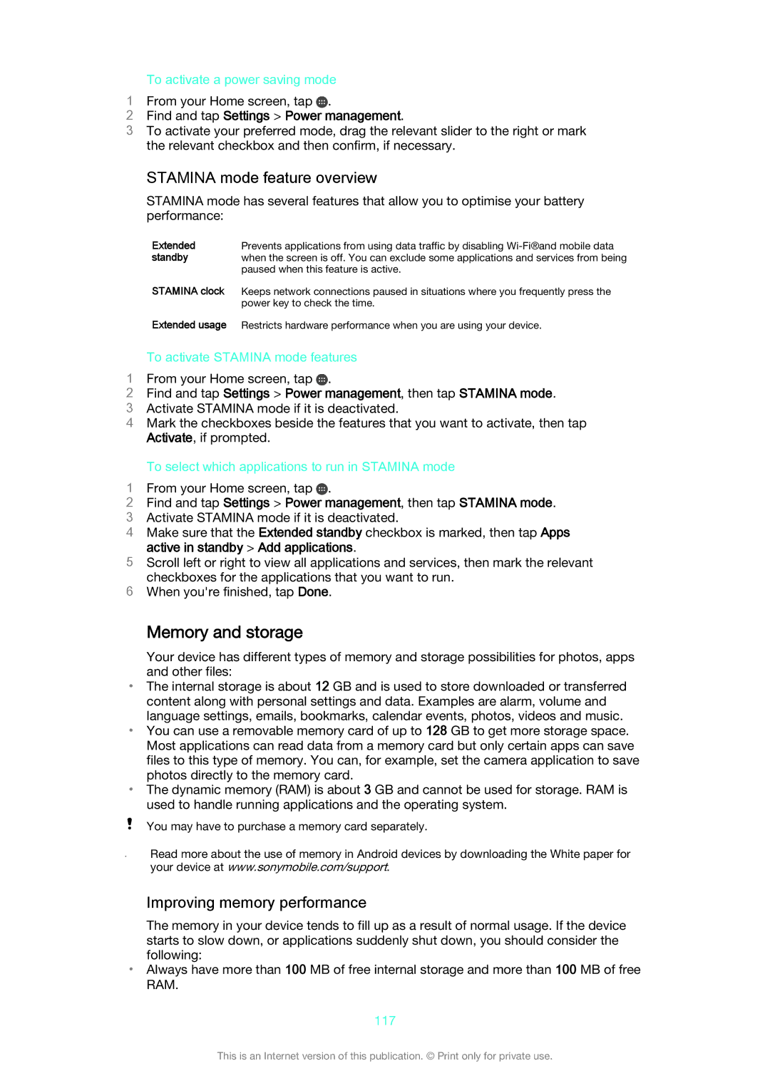 Sony SGP521 manual Memory and storage, Stamina mode feature overview, Improving memory performance 