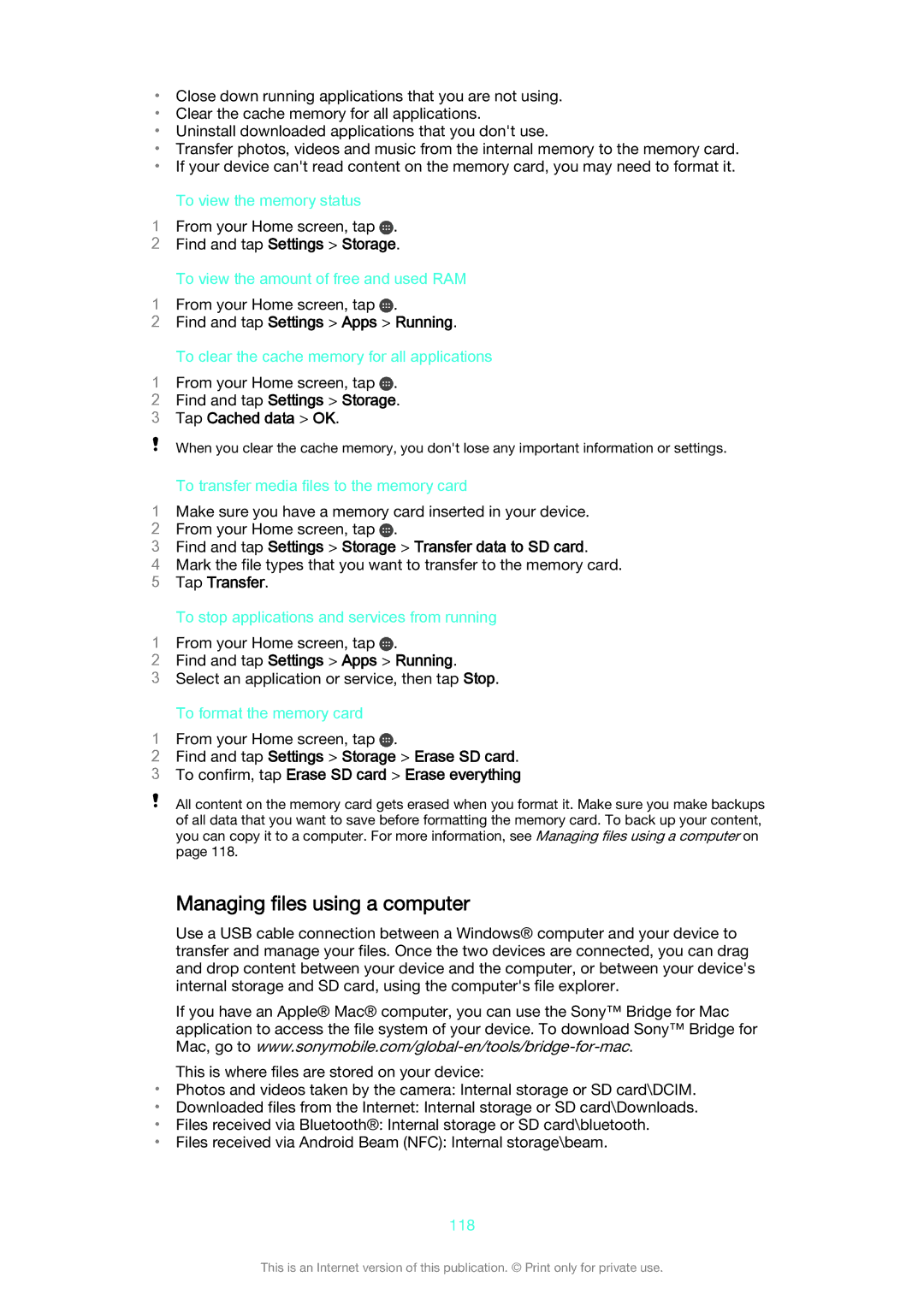 Sony SGP521 manual Managing files using a computer, Find and tap Settings Apps Running, Tap Cached data OK, Tap Transfer 