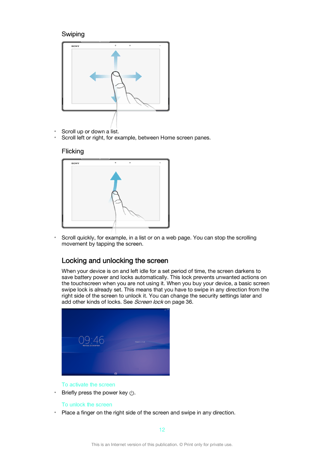 Sony SGP521 manual Locking and unlocking the screen, Swiping, Flicking, To activate the screen, To unlock the screen 