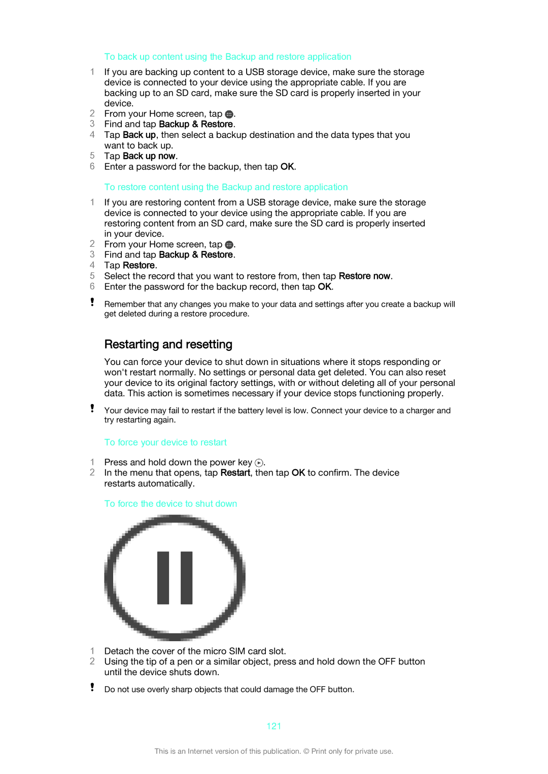 Sony SGP521 manual Restarting and resetting, Find and tap Backup & Restore, Tap Back up now 