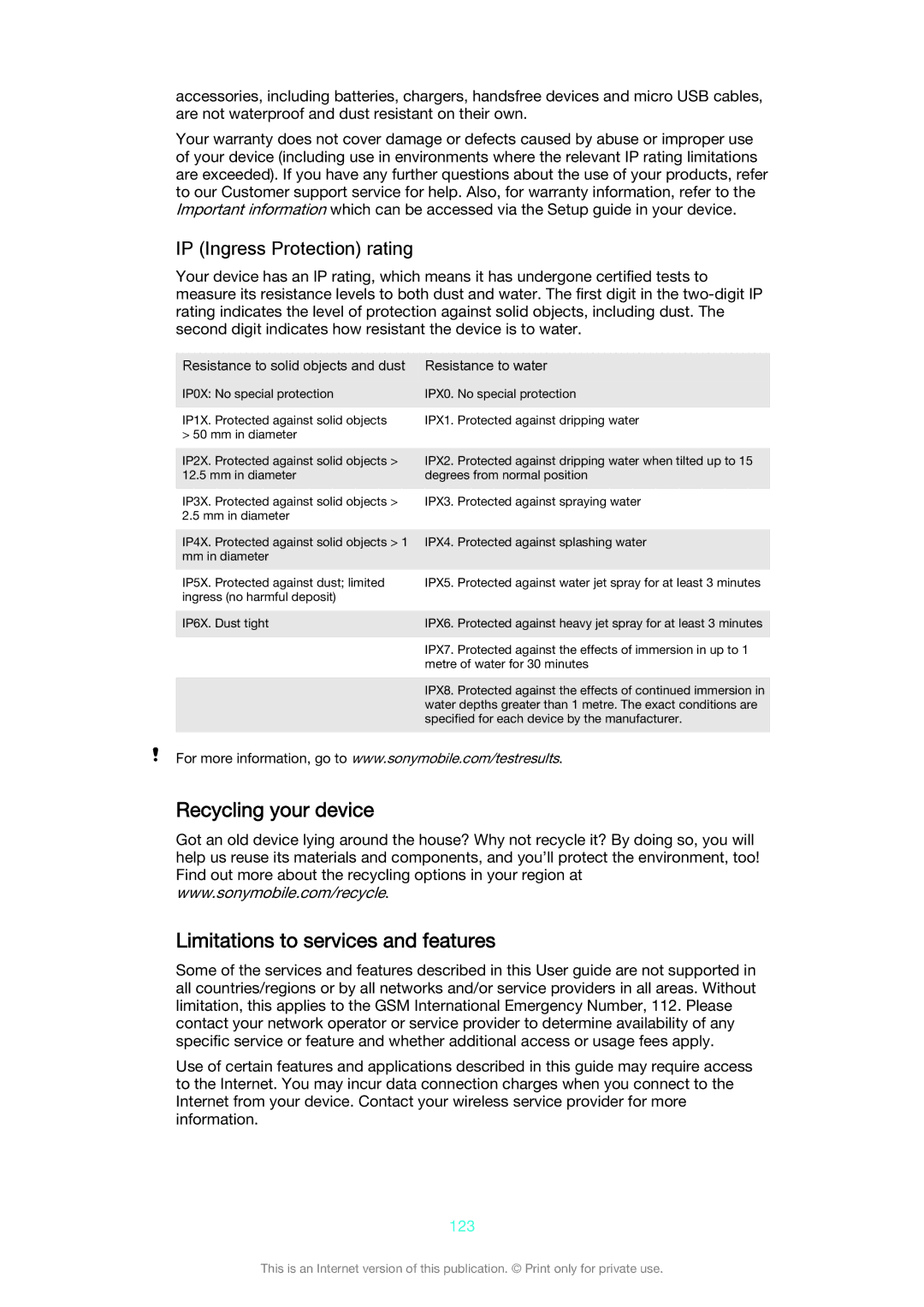 Sony SGP521 manual Recycling your device Limitations to services and features, IP Ingress Protection rating, 123 