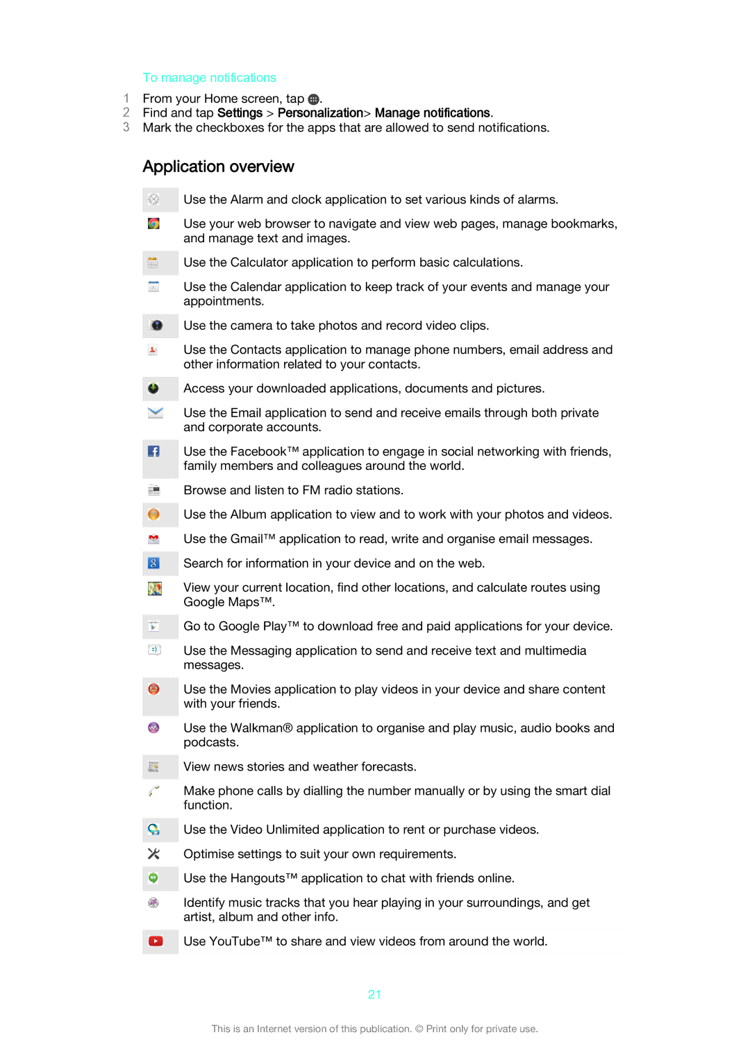 Sony SGP521 Application overview, To manage notifications, Find and tap Settings Personalization Manage notifications 